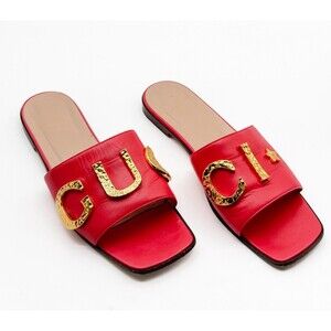Gucci Logo Cara Slide Sandal In Runway Coral Leather Mule Flat EU 38.5 US 8.5